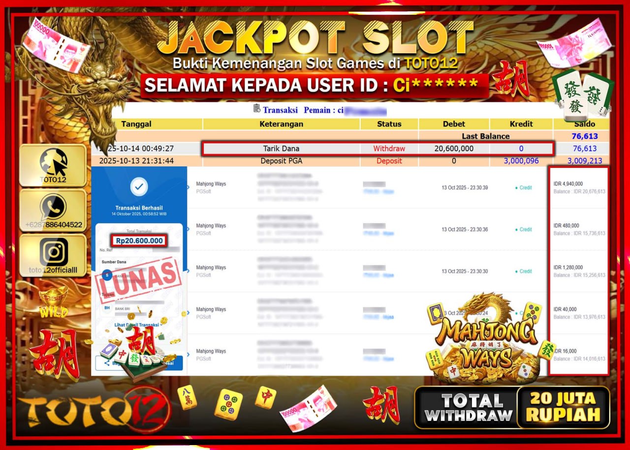 HANYA DI TOTO12 JP PASTI DI BAYAR LUNAS DAN CEPAT!!!!!! JACKPOT SLOT GAME (MAHJONG WAYS) Rp.20.600.000 !!!!