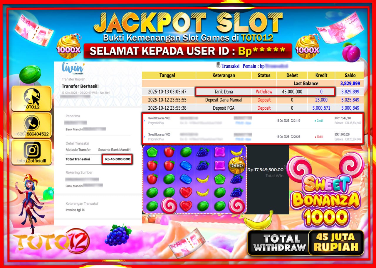 HANYA DI TOTO12 JP PASTI DI BAYAR LUNAS DAN CEPAT!!!!!! JACKPOT SLOT GAME (SWEET BONANZA 1000) Rp.45.000.000 !!!!