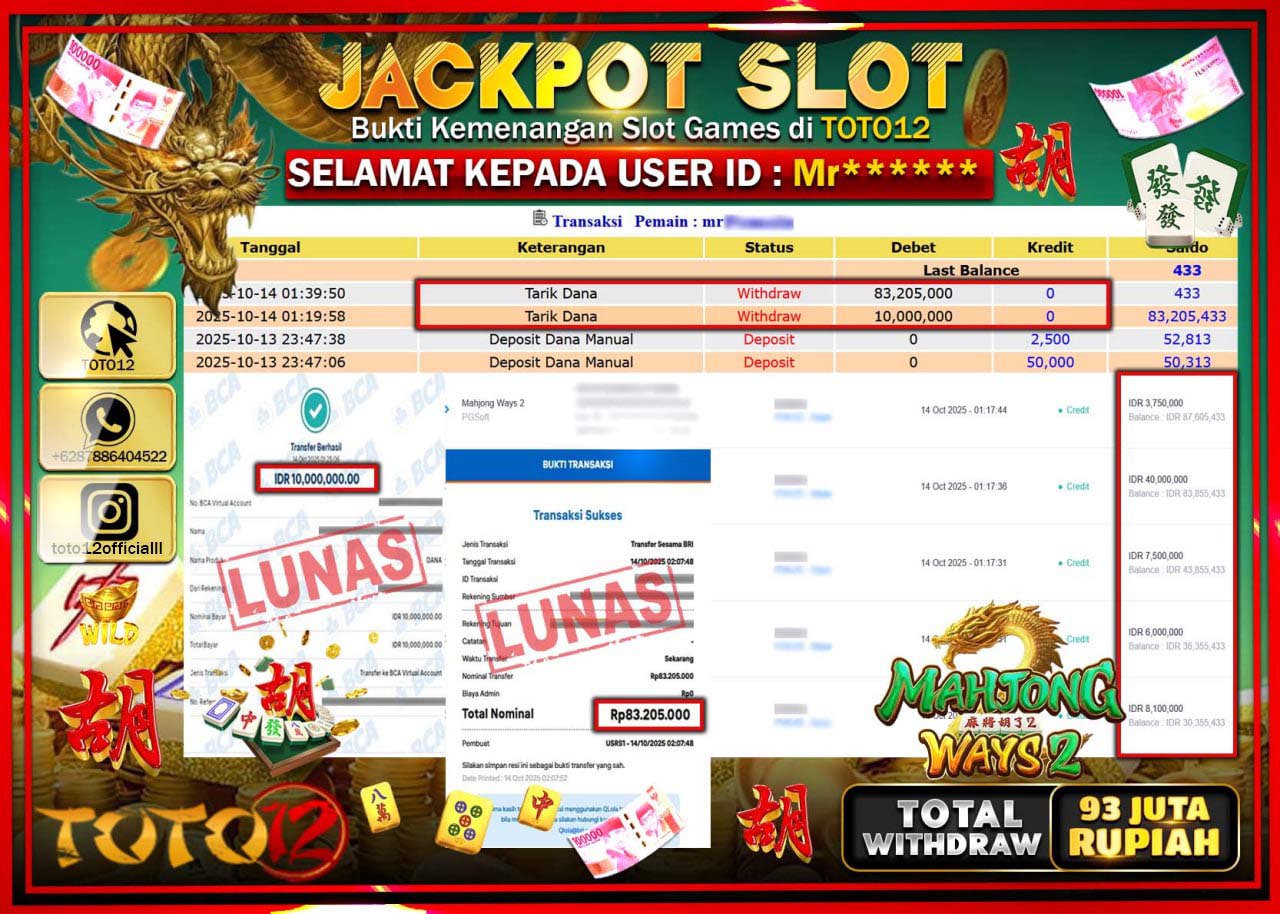 HANYA DI TOTO12 JP PASTI DI BAYAR LUNAS DAN CEPAT!!!!!! JACKPOT SLOT GAME (MAHJONG WAYS 2) Rp.93.205.000 !!!!