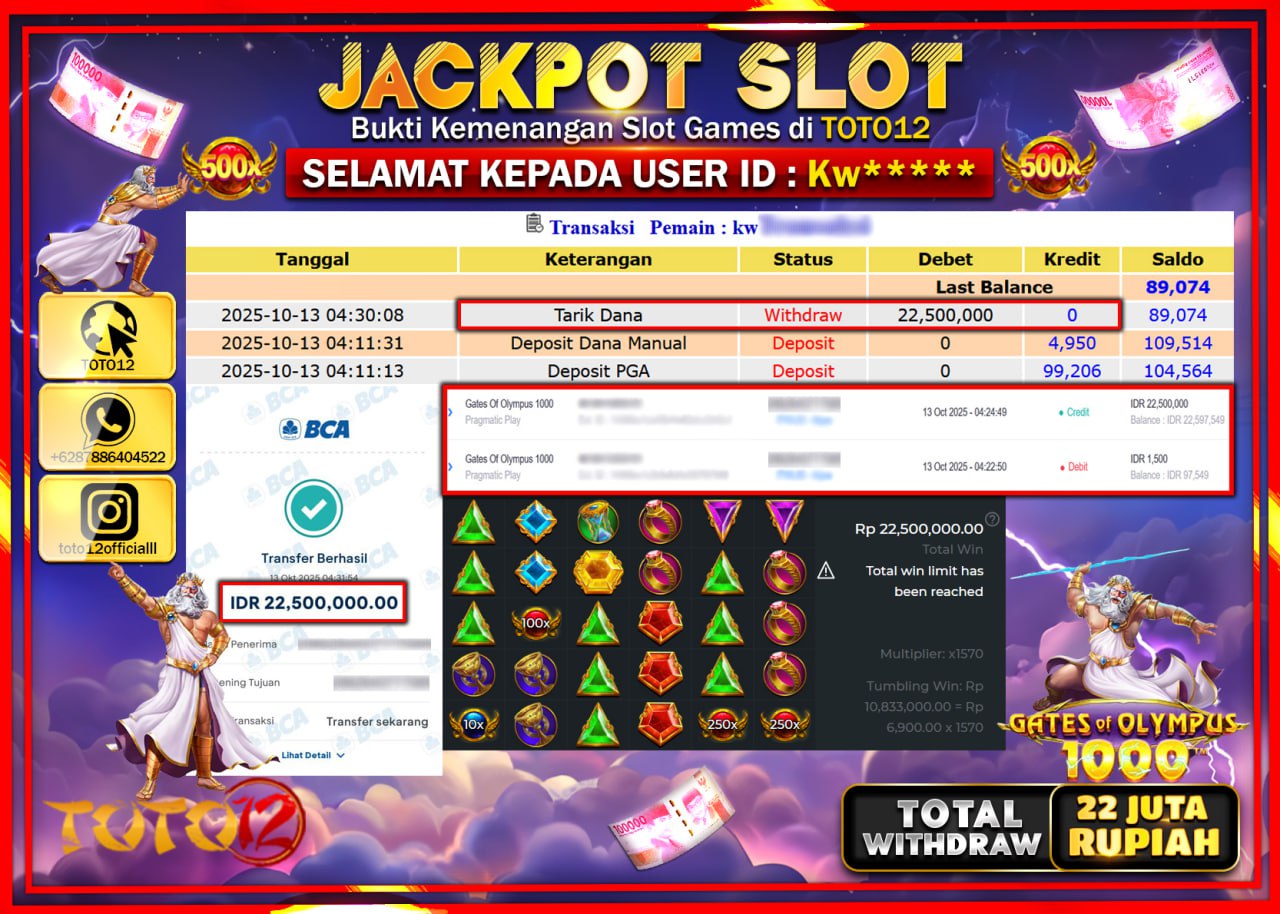 HANYA DI TOTO12 JP PASTI DI BAYAR LUNAS DAN CEPAT!!!!!! JACKPOT SLOT GAME (GATES OF OLYMPUS 1000) Rp.22.500.000 !!!!