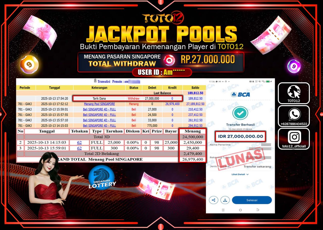 HANYA DI TOTO12 JP PASTI DI BAYAR LUNAS DAN CEPAT!!!!!! JACKPOT POOLS PASARAN (SINGAPORE) Rp.27.000.000 !!!!