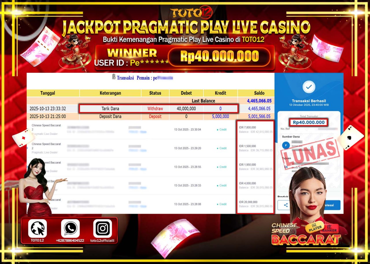 HANYA DI TOTO12 JP PASTI DI BAYAR LUNAS DAN CEPAT!!!!!! JACKPOT PRAGMATIC PLAY LIVE CASINO (CHINESE SPEED BACCARAT) Rp.40.000.000 !!!!