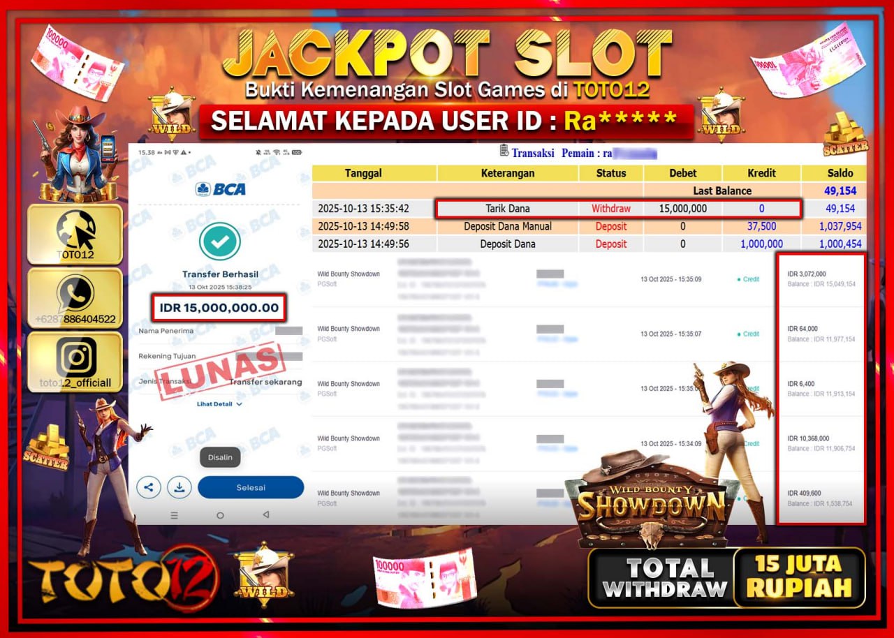 HANYA DI TOTO12 JP PASTI DI BAYAR LUNAS DAN CEPAT!!!!!! JACKPOT SLOT GAME (WILD BOUNTY SHOWDOWN) Rp.15.000.000 !!!!