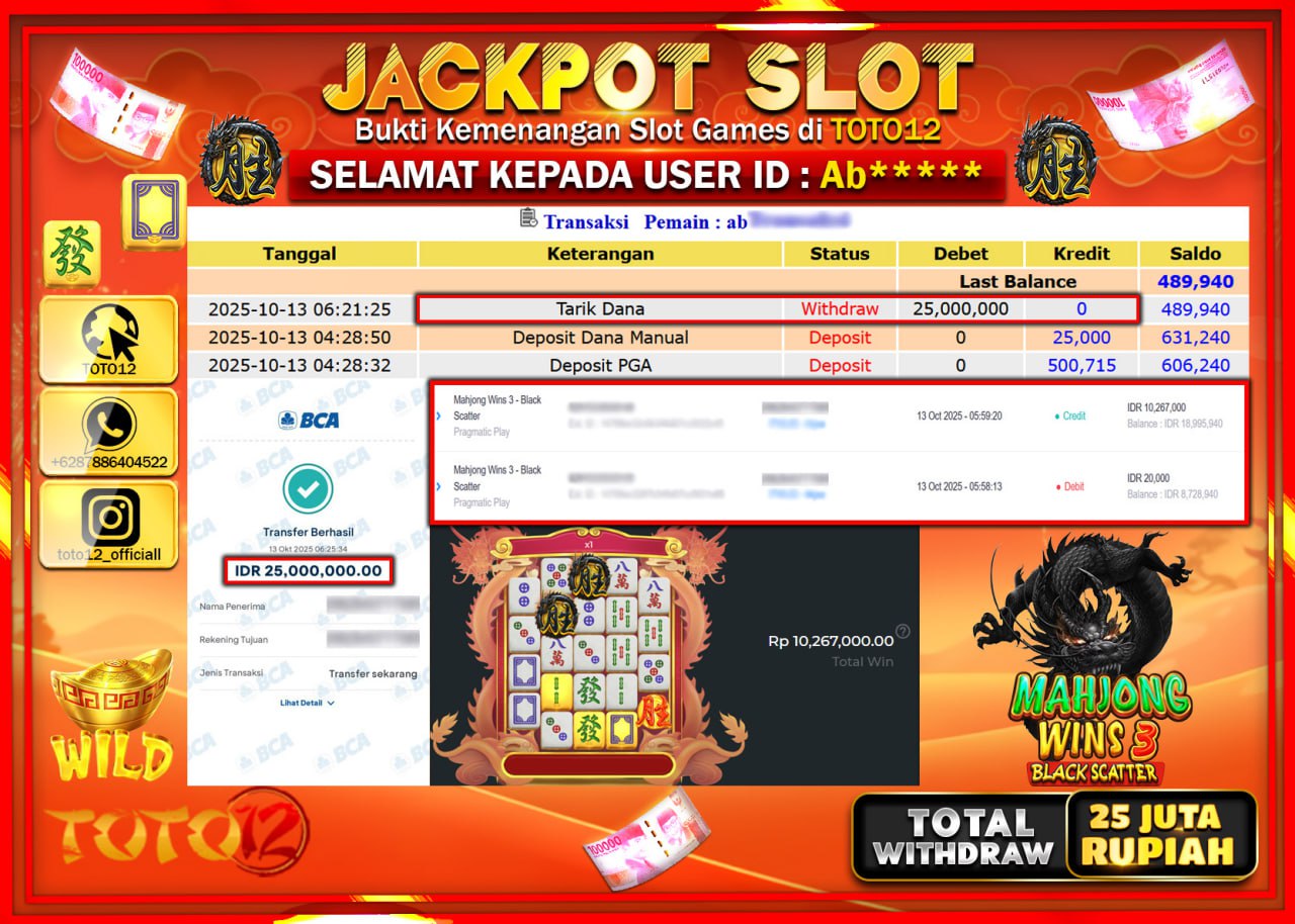 HANYA DI TOTO12 JP PASTI DI BAYAR LUNAS DAN CEPAT!!!!!! JACKPOT SLOT GAME (MAHJONG WINS 3 BLACK SCATTER) Rp.25.000.000 !!!!