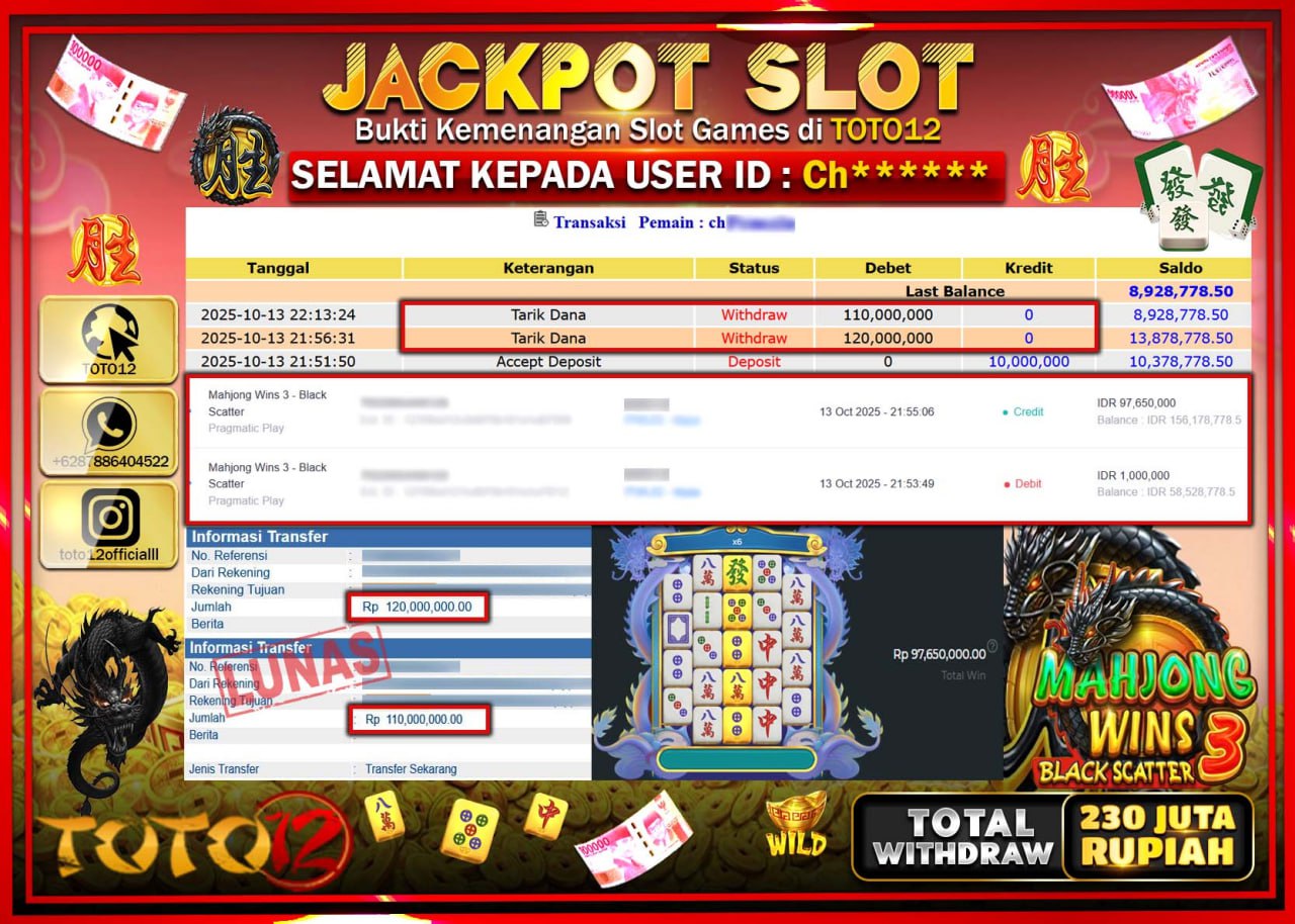 HANYA DI TOTO12 JP PASTI DI BAYAR LUNAS DAN CEPAT!!!!!! JACKPOT SLOT GAME (MAHJONG WINS 3 BLACK SCATTER) Rp.230.000.000 !!!!