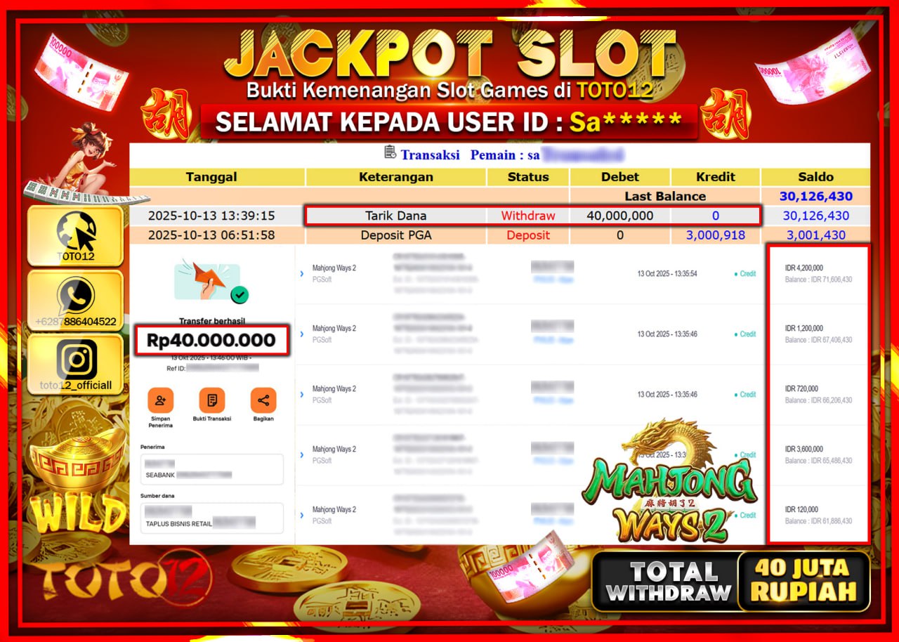 HANYA DI TOTO12 JP PASTI DI BAYAR LUNAS DAN CEPAT!!!!!! JACKPOT SLOT GAME (MAHJONG WAYS 2) Rp.40.000.000 !!!!
