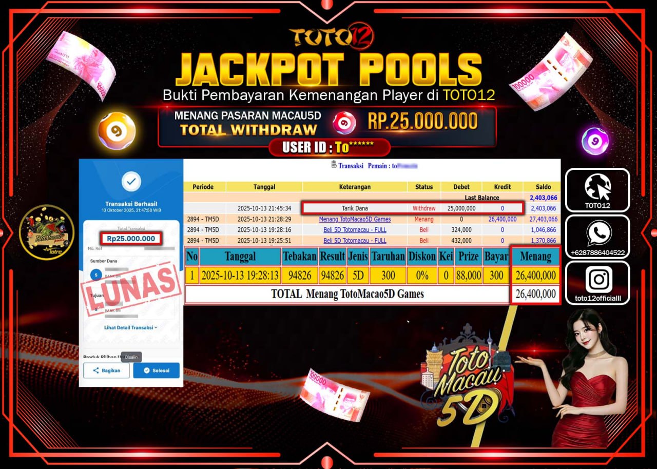HANYA DI TOTO12 JP PASTI DI BAYAR LUNAS DAN CEPAT!!!!!! JACKPOT POOLS PASARAN (MACAU 5D) Rp.25.000.000 !!!!