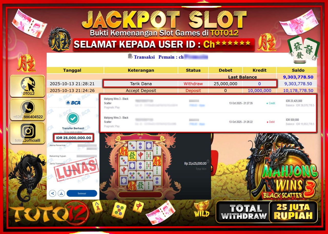 HANYA DI TOTO12 JP PASTI DI BAYAR LUNAS DAN CEPAT!!!!!! JACKPOT SLOT GAME (MAHJONG WINS 3 BLACK SCATTER) Rp.25.000.000 !!!!