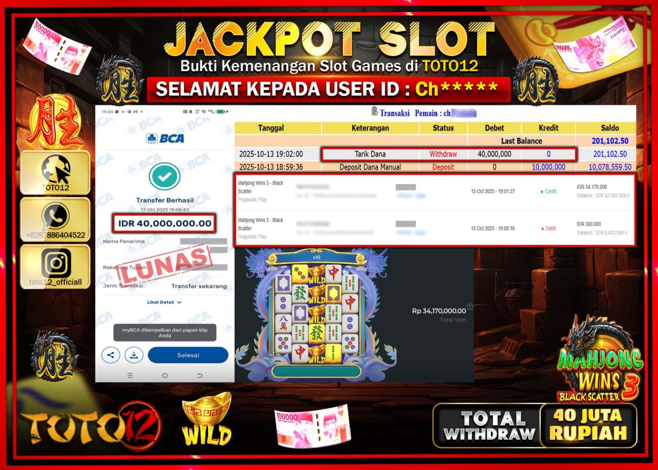 HANYA DI TOTO12 JP PASTI DI BAYAR LUNAS DAN CEPAT!!!!!! JACKPOT SLOT GAME (MAHJONG WINS 3 BLACK SCATTER) Rp.40.000.000 !!!!