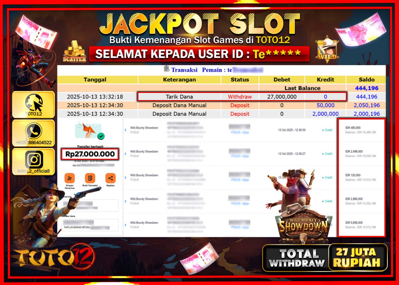 HANYA DI TOTO12 JP PASTI DI BAYAR LUNAS DAN CEPAT!!!!!! JACKPOT SLOT GAME (WILD BOUNTY SHOWDOWN) Rp.27.000.000 !!!!
