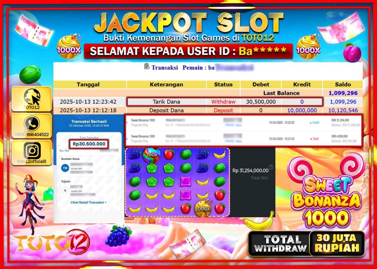 HANYA DI TOTO12 JP PASTI DI BAYAR LUNAS DAN CEPAT!!!!!! JACKPOT SLOT GAME (SWEET BONANZA 1000) Rp.30.500.000 !!!!