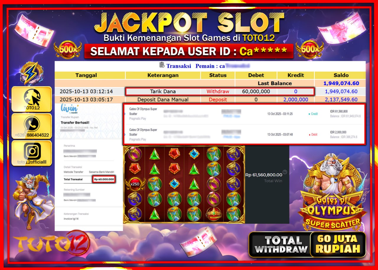 HANYA DI TOTO12 JP PASTI DI BAYAR LUNAS DAN CEPAT!!!!!! JACKPOT SLOT GAME (GATES OF OLYMPUS SUPER SCATTER) Rp.60.000.000 !!!!