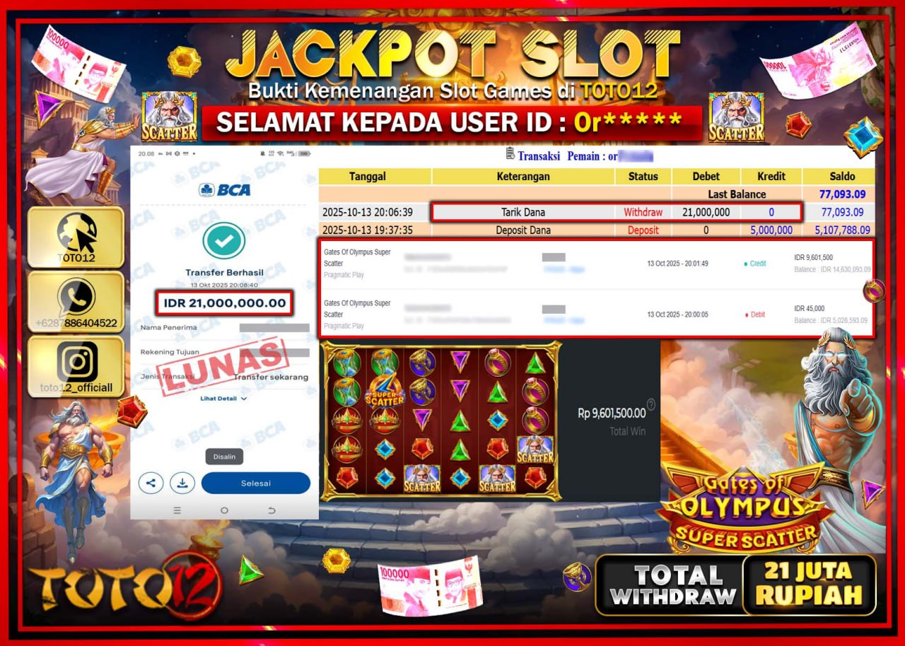 HANYA DI TOTO12 JP PASTI DI BAYAR LUNAS DAN CEPAT!!!!!! JACKPOT SLOT GAME (GATES OF OLYMPUS SUPER SCATTER) Rp.22.000.000 !!!!
