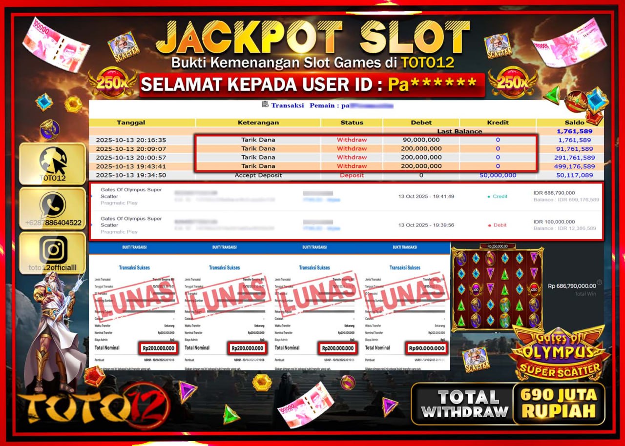 HANYA DI TOTO12 JP PASTI DI BAYAR LUNAS DAN CEPAT!!!!!! JACKPOT SLOT GAME (GATES OF OLYMPUS SUPER SCATTER) Rp.690.000.000 !!!!