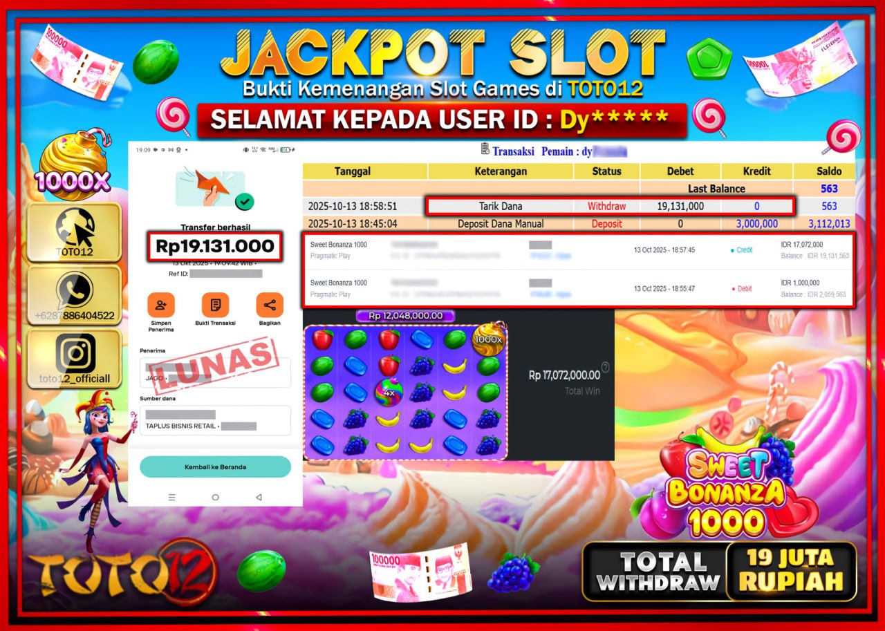 HANYA DI TOTO12 JP PASTI DI BAYAR LUNAS DAN CEPAT!!!!!! JACKPOT SLOT GAME (SWEET BONANZA 1000) Rp.19.131.000 !!!!