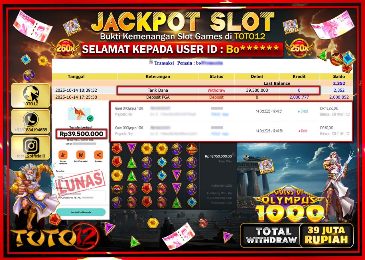 HANYA DI TOTO12 JP PASTI DI BAYAR LUNAS DAN CEPAT!!!!!! JACKPOT SLOT GAME (GATES OF OLYMPUS 1000) Rp.39.500.000 !!!!