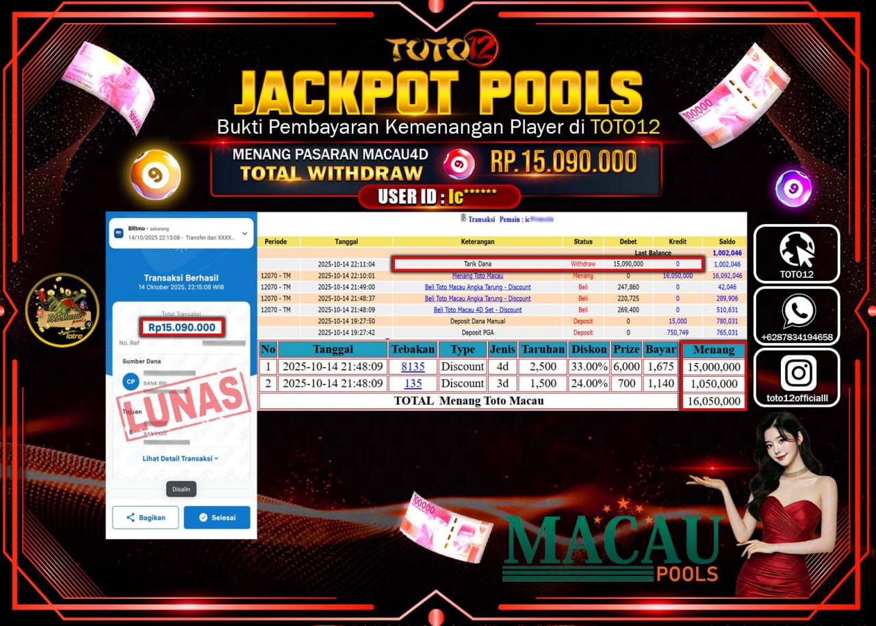HANYA DI TOTO12 JP PASTI DI BAYAR LUNAS DAN CEPAT!!!!!! JACKPOT POOLS PASARAN (MACAU 4D) Rp.15.090.000 !!!!