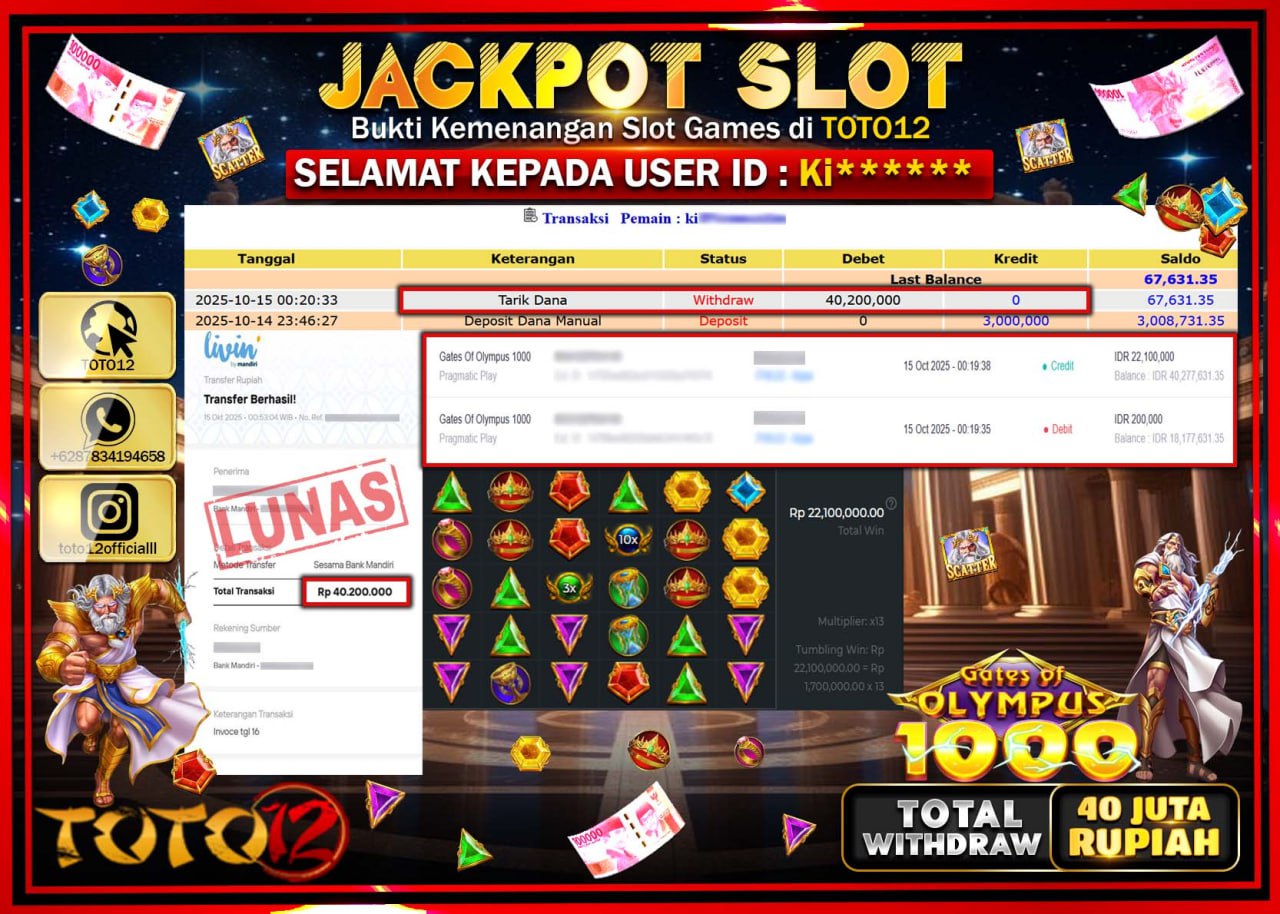 HANYA DI TOTO12 JP PASTI DI BAYAR LUNAS DAN CEPAT!!!!!! JACKPOT SLOT GAME (GATES OF OLYMPUS 1000) Rp.40.200.000 !!!!