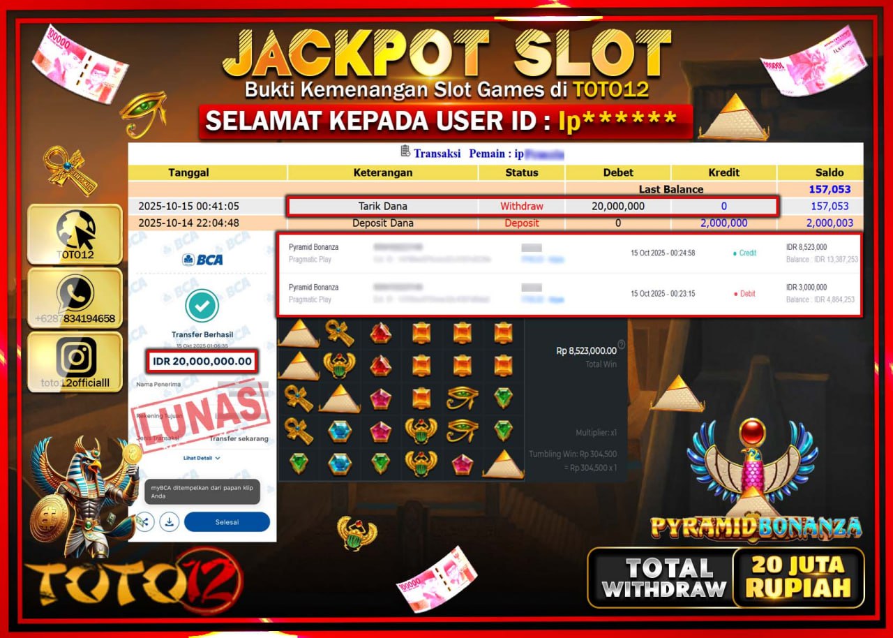 HANYA DI TOTO12 JP PASTI DI BAYAR LUNAS DAN CEPAT!!!!!! JACKPOT SLOT GAME (PYRAMID BONANZA) Rp.20.000.000 !!!!
