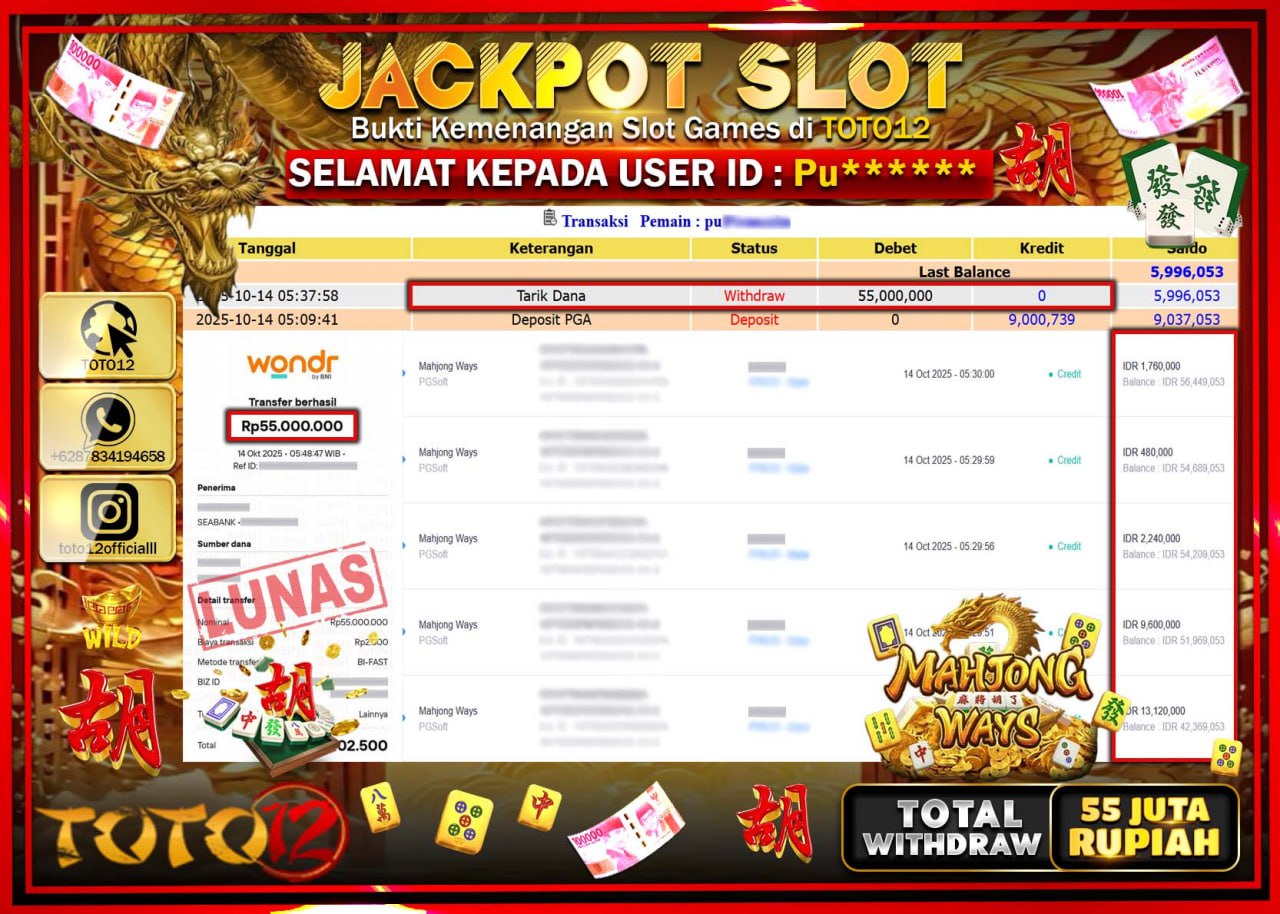HANYA DI TOTO12 JP PASTI DI BAYAR LUNAS DAN CEPAT!!!!!! JACKPOT SLOT GAME (MAHJONG WAYS) Rp.55.000.000 !!!!