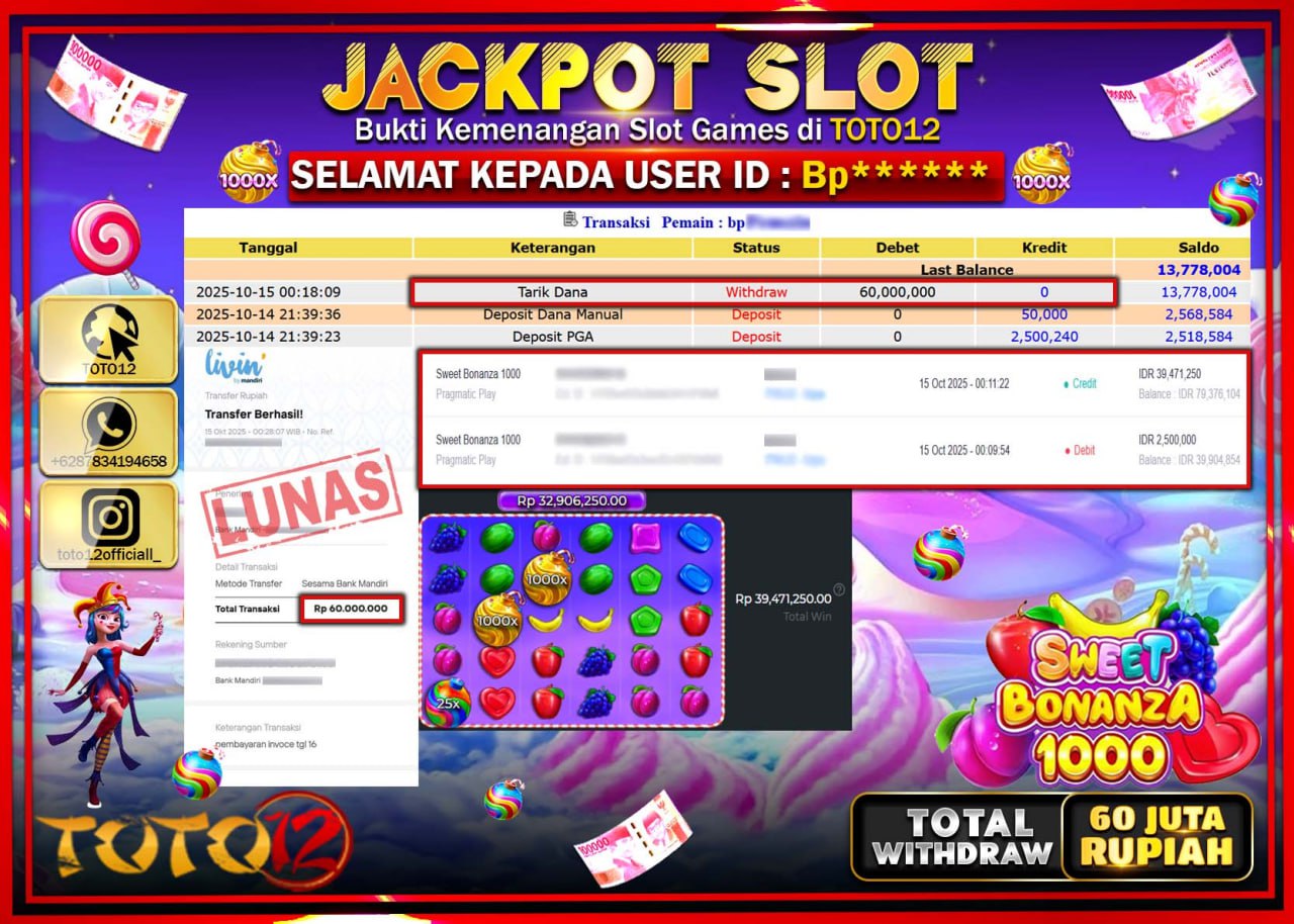 HANYA DI TOTO12 JP PASTI DI BAYAR LUNAS DAN CEPAT!!!!!! JACKPOT SLOT GAME (SWEET BONANZA 1000) Rp.60.000.000 !!!!