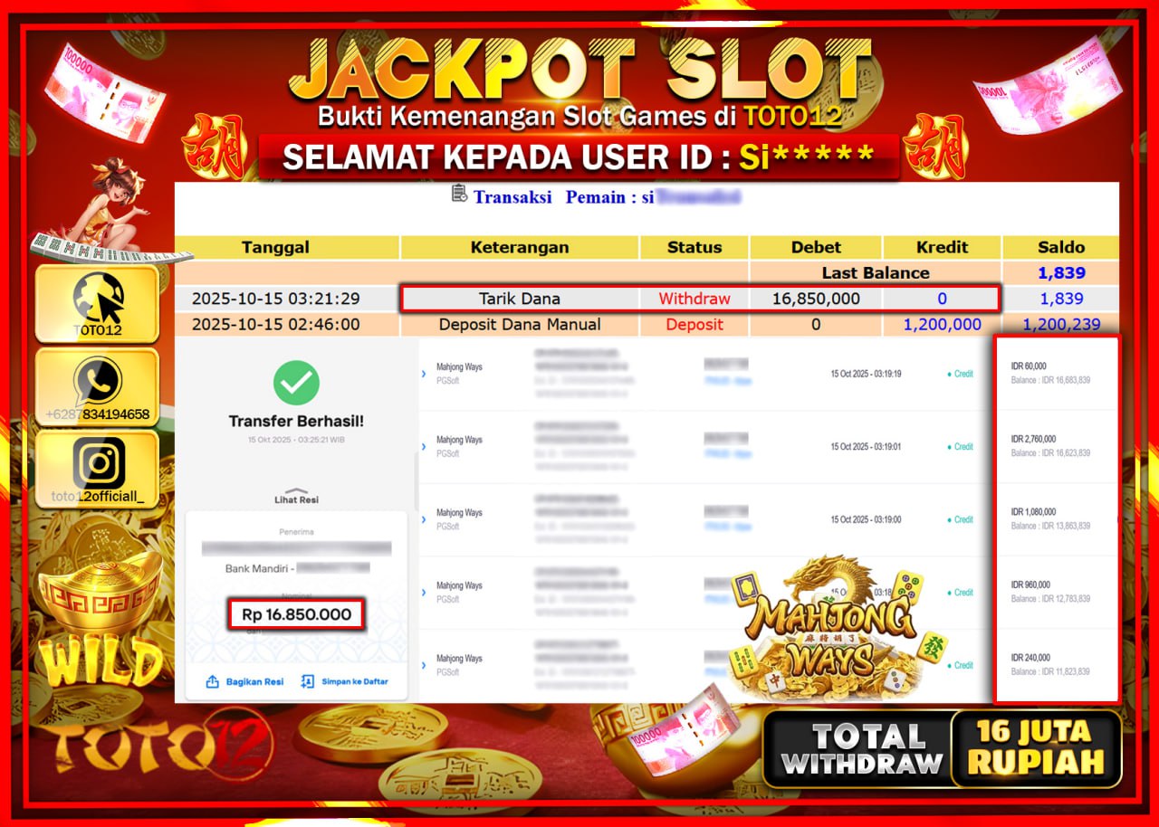 HANYA DI TOTO12 JP PASTI DI BAYAR LUNAS DAN CEPAT!!!!!! JACKPOT SLOT GAME (MAHJONG WAYS) Rp.16.850.000 !!!!