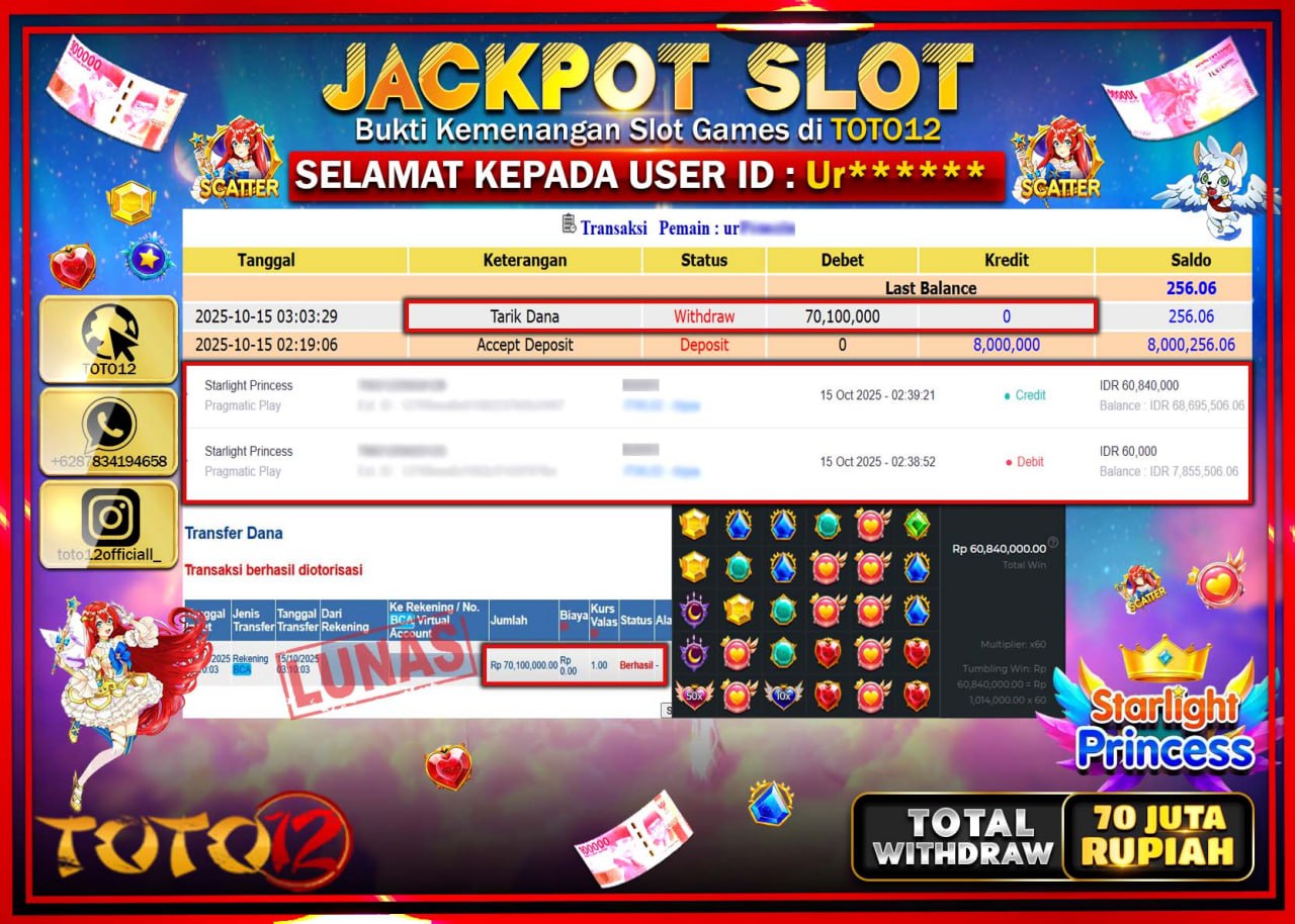 HANYA DI TOTO12 JP PASTI DI BAYAR LUNAS DAN CEPAT!!!!!! JACKPOT SLOT GAME (STARLIGHT PRINCESS) Rp.70.100.000 !!!!