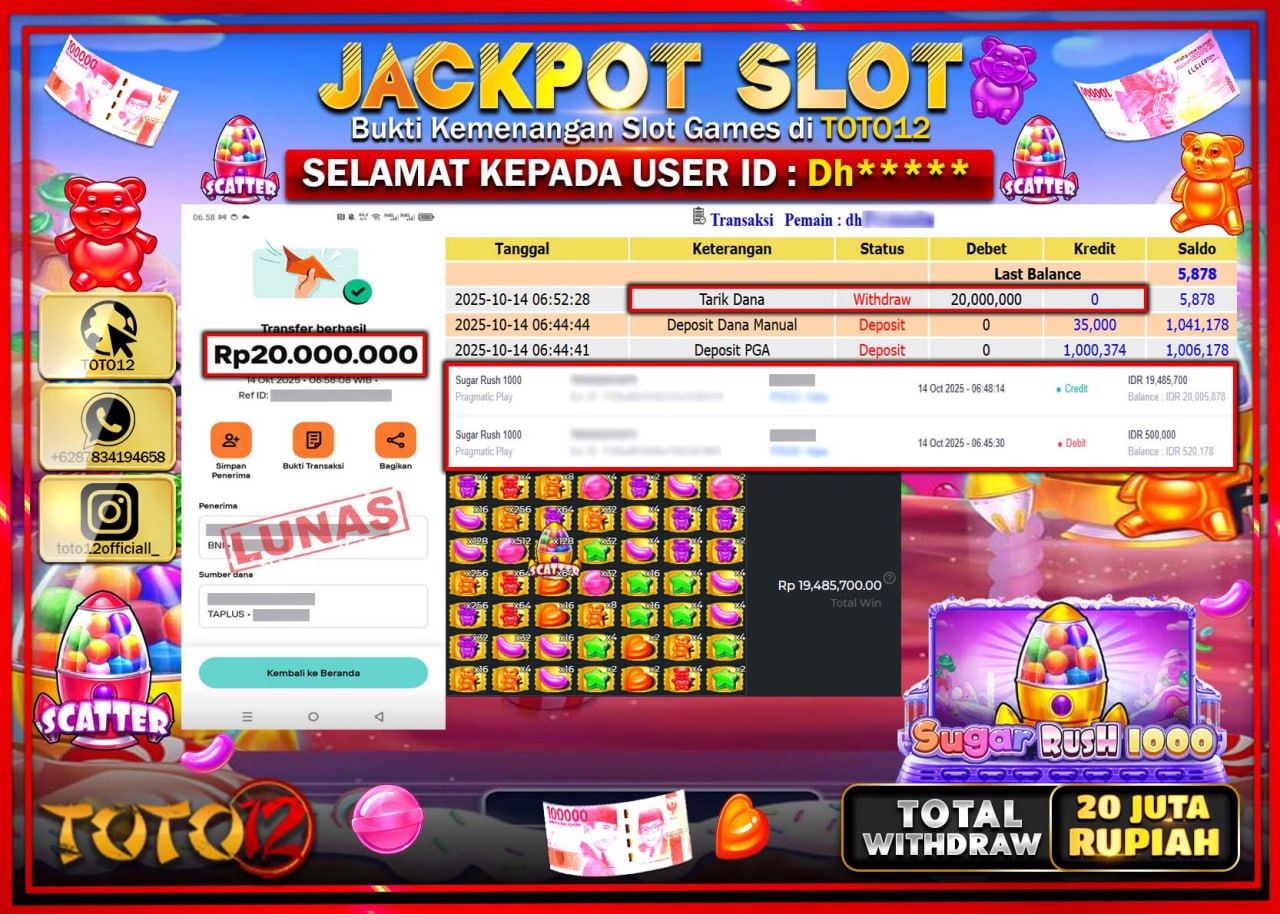 HANYA DI TOTO12 JP PASTI DI BAYAR LUNAS DAN CEPAT!!!!!! JACKPOT SLOT GAME (SUGAR RUSH 1000) Rp.20.000.000 !!!!
