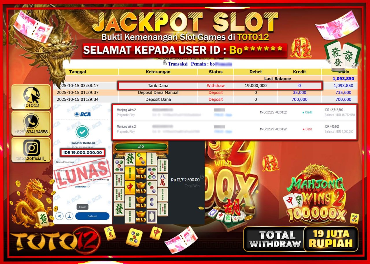 HANYA DI TOTO12 JP PASTI DI BAYAR LUNAS DAN CEPAT!!!!!! JACKPOT SLOT GAME (MAHJONG WINS 2) Rp.19.000.000 !!!!