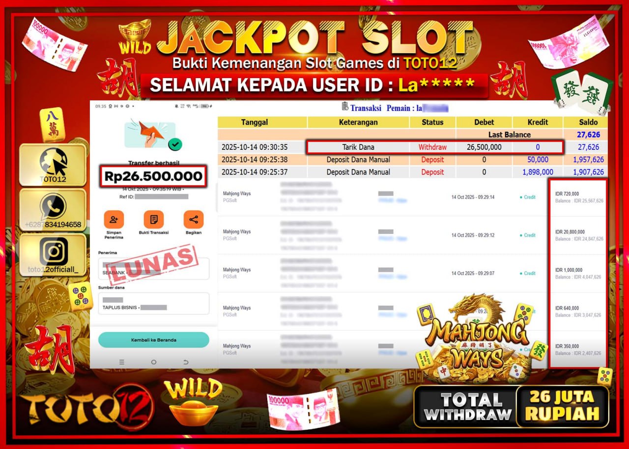 HANYA DI TOTO12 JP PASTI DI BAYAR LUNAS DAN CEPAT!!!!!! JACKPOT SLOT GAME (MAHJONG WAYS) Rp.26.500.000 !!!!
