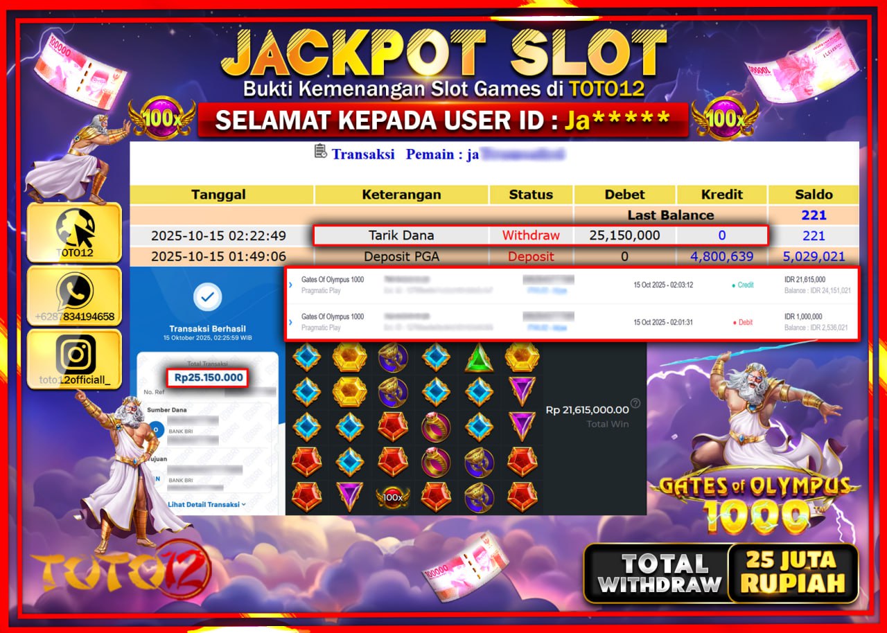 HANYA DI TOTO12 JP PASTI DI BAYAR LUNAS DAN CEPAT!!!!!! JACKPOT SLOT GAME (GATES OF OLYMPUS 1000) Rp.25.150.000 !!!!