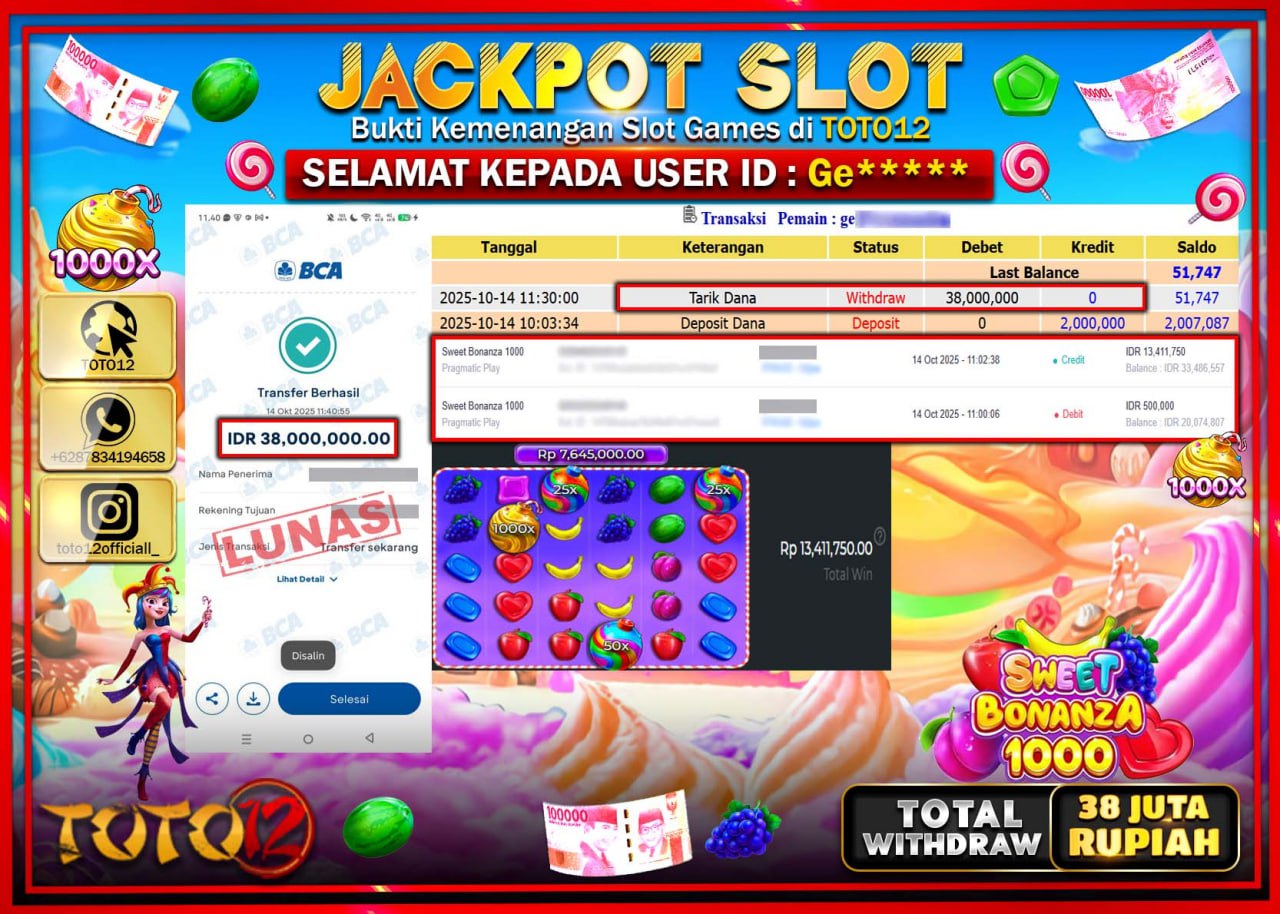 HANYA DI TOTO12 JP PASTI DI BAYAR LUNAS DAN CEPAT!!!!!! JACKPOT SLOT GAME (SWEET BONANZA 1000) Rp.38.000.000 !!!!