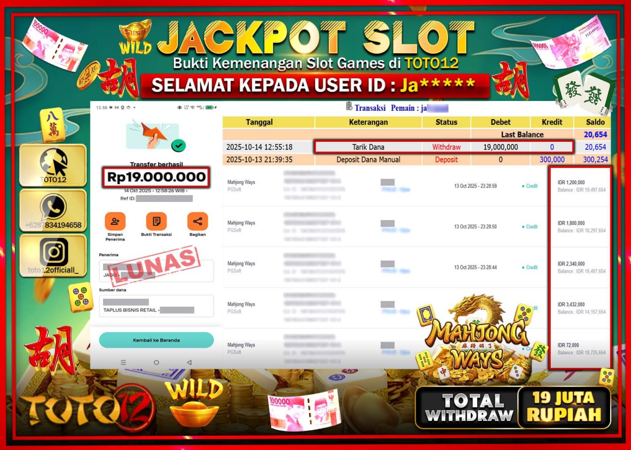 HANYA DI TOTO12 JP PASTI DI BAYAR LUNAS DAN CEPAT!!!!!! JACKPOT SLOT GAME (MAHJONG WAYS) Rp.19.000.000 !!!!