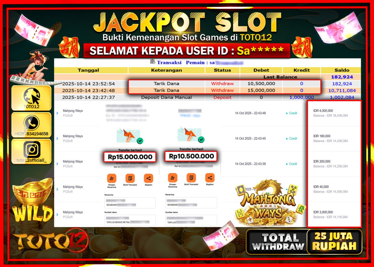 HANYA DI TOTO12 JP PASTI DI BAYAR LUNAS DAN CEPAT!!!!!! JACKPOT SLOT GAME (MAHJONG WAYS) Rp.25.500.000 !!!!