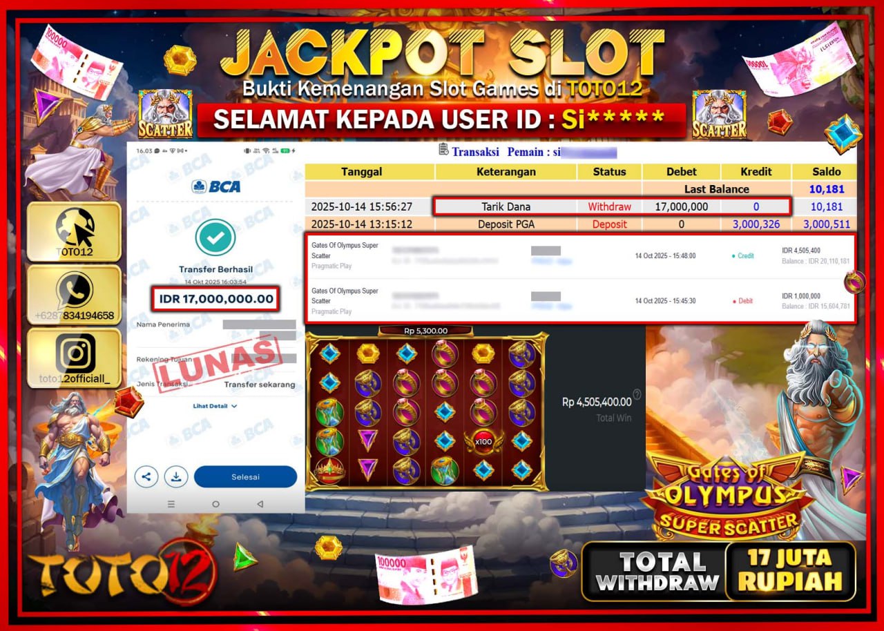 HANYA DI TOTO12 JP PASTI DI BAYAR LUNAS DAN CEPAT!!!!!! JACKPOT SLOT GAME (GATES OF OLYMPUS SUPER SCATTER) Rp.17.000.000 !!!!