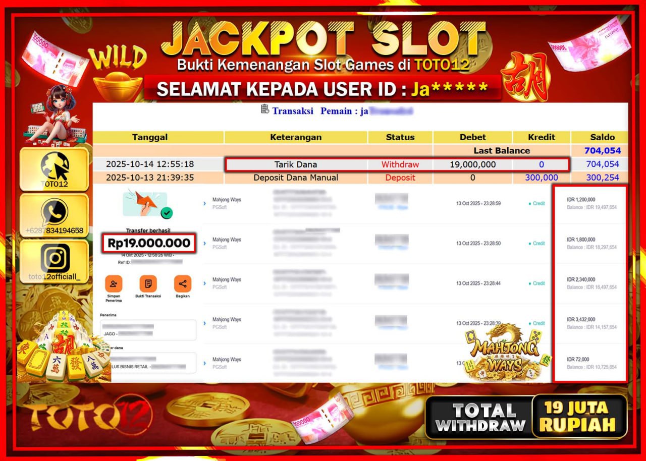 HANYA DI TOTO12 JP PASTI DI BAYAR LUNAS DAN CEPAT!!!!!! JACKPOT SLOT GAME (MAHJONG WAYS) Rp.19.000.000 !!!!