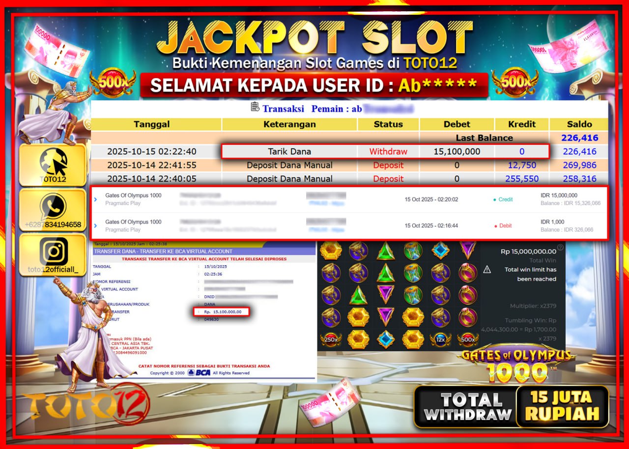 HANYA DI TOTO12 JP PASTI DI BAYAR LUNAS DAN CEPAT!!!!!! JACKPOT SLOT GAME (GATES OF OLYMPUS 1000) Rp.15.100.000 !!!!
