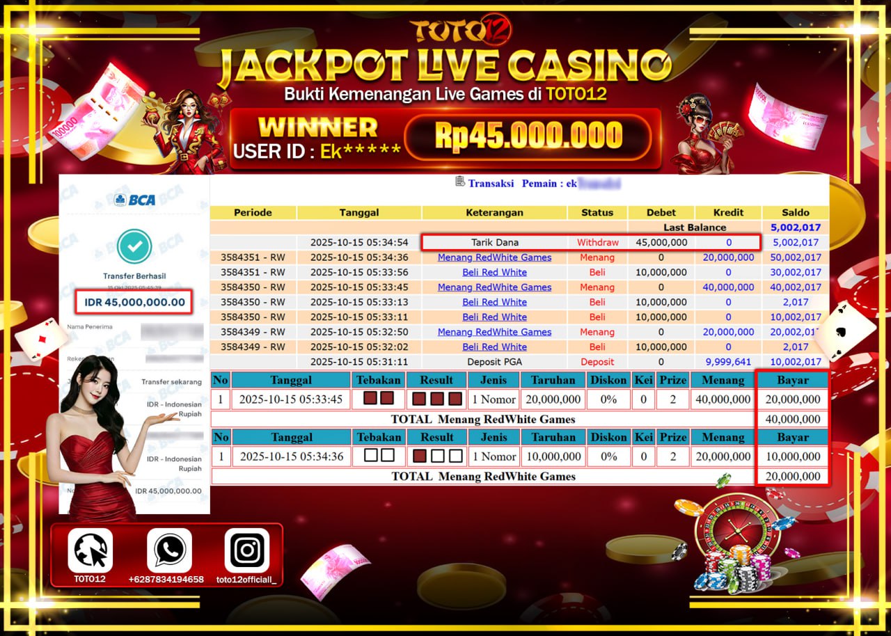 HANYA DI TOTO12 JP PASTI DI BAYAR LUNAS DAN CEPAT!!!!!! JACKPOT LIVE CASINO (REDWHITE GAMES) Rp.45.000.000 !!!!