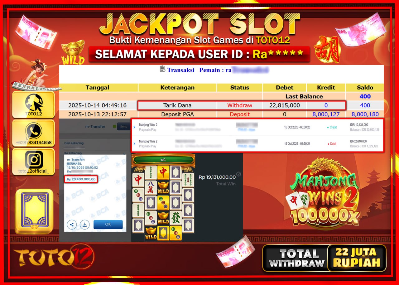 HANYA DI TOTO12 JP PASTI DI BAYAR LUNAS DAN CEPAT!!!!!! JACKPOT SLOT GAME (MAHJONG WINS 2) Rp.22.815.000 !!!!
