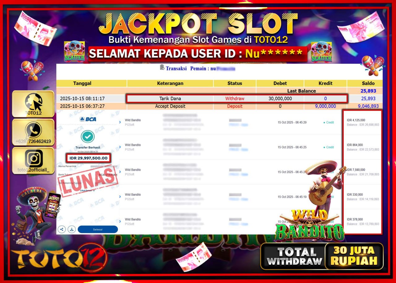 HANYA DI TOTO12 JP PASTI DI BAYAR LUNAS DAN CEPAT!!!!!! JACKPOT SLOT GAME (WILD BANDITO) Rp.30.000.000 !!!!