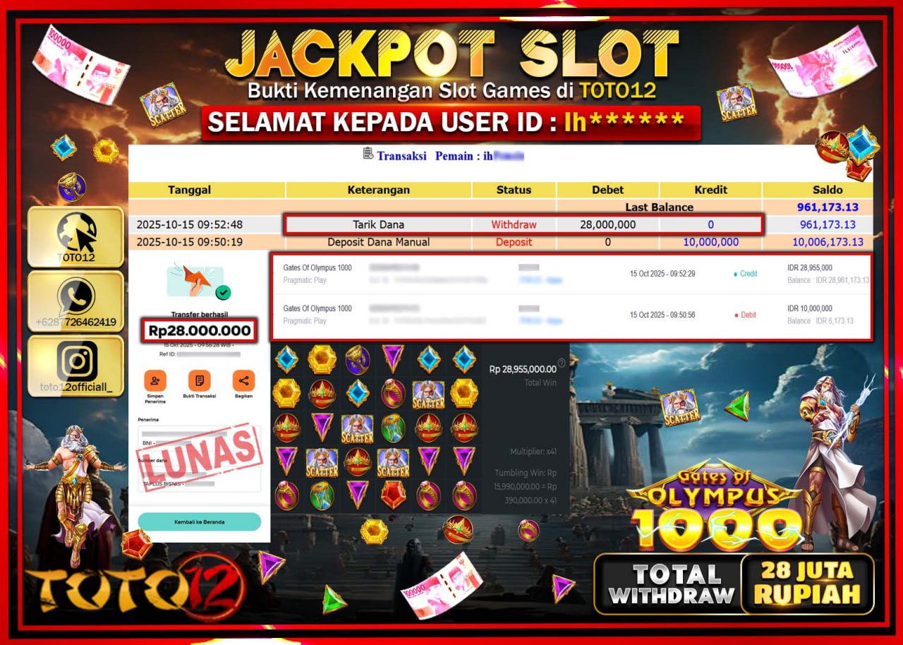 HANYA DI TOTO12 JP PASTI DI BAYAR LUNAS DAN CEPAT!!!!!! JACKPOT SLOT GAME (GATES OF OLYMPUS 1000) Rp.28.000.000 !!!!