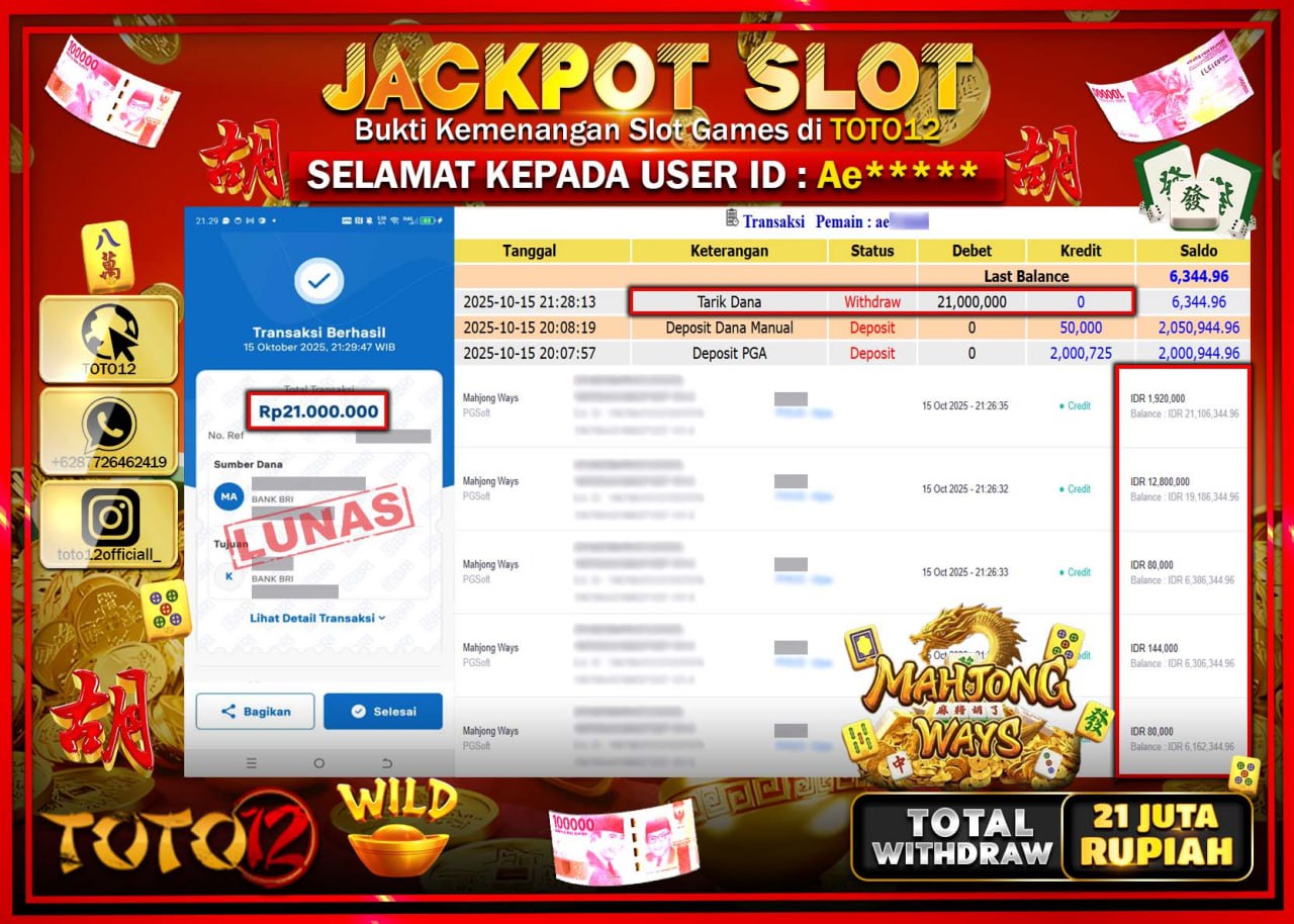 HANYA DI TOTO12 JP PASTI DI BAYAR LUNAS DAN CEPAT!!!!!! JACKPOT SLOT GAME (MAHJONG WAYS) Rp.21.000.000 !!!!