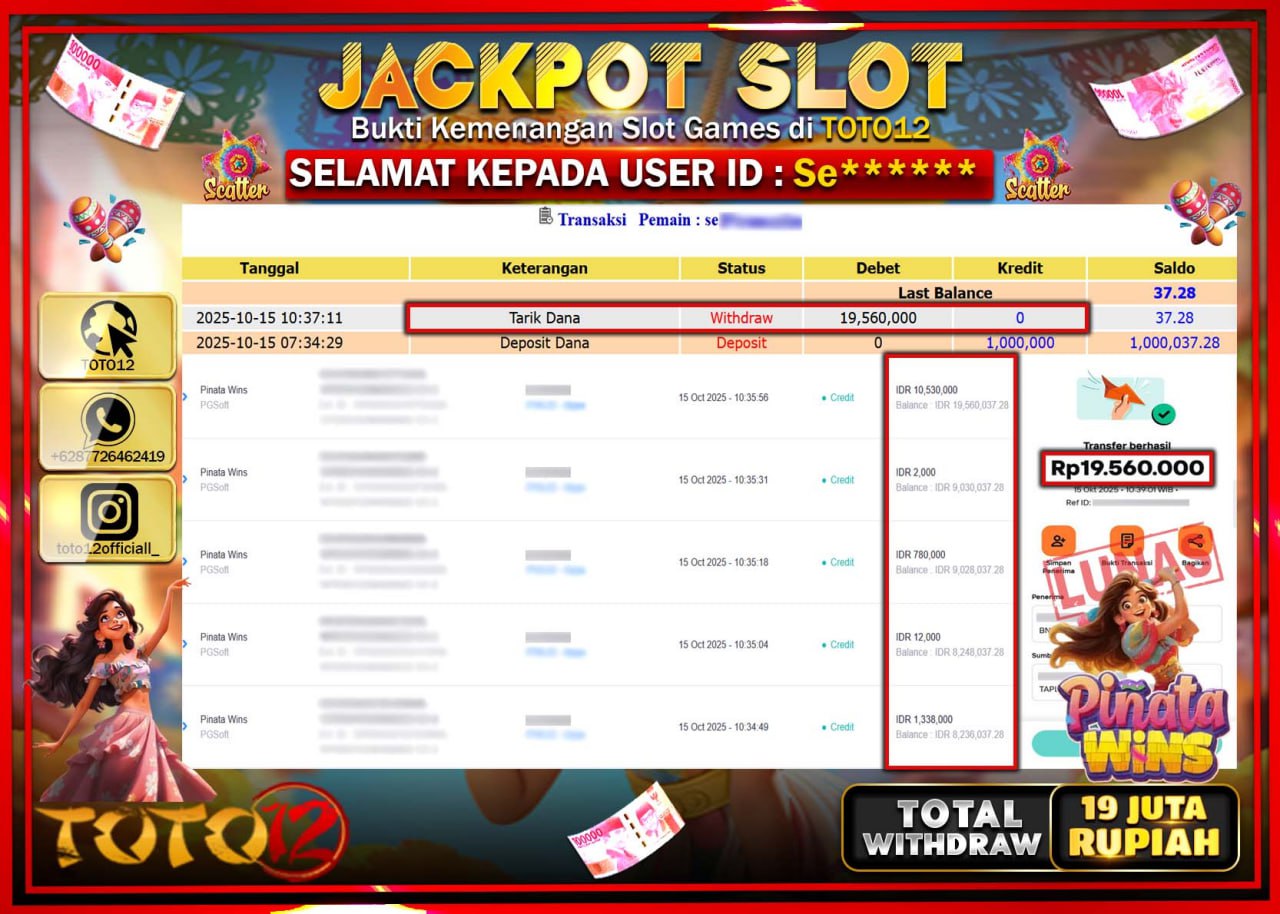 HANYA DI TOTO12 JP PASTI DI BAYAR LUNAS DAN CEPAT!!!!!! JACKPOT SLOT GAME (PINATA WINS) Rp.19.560.000 !!!!