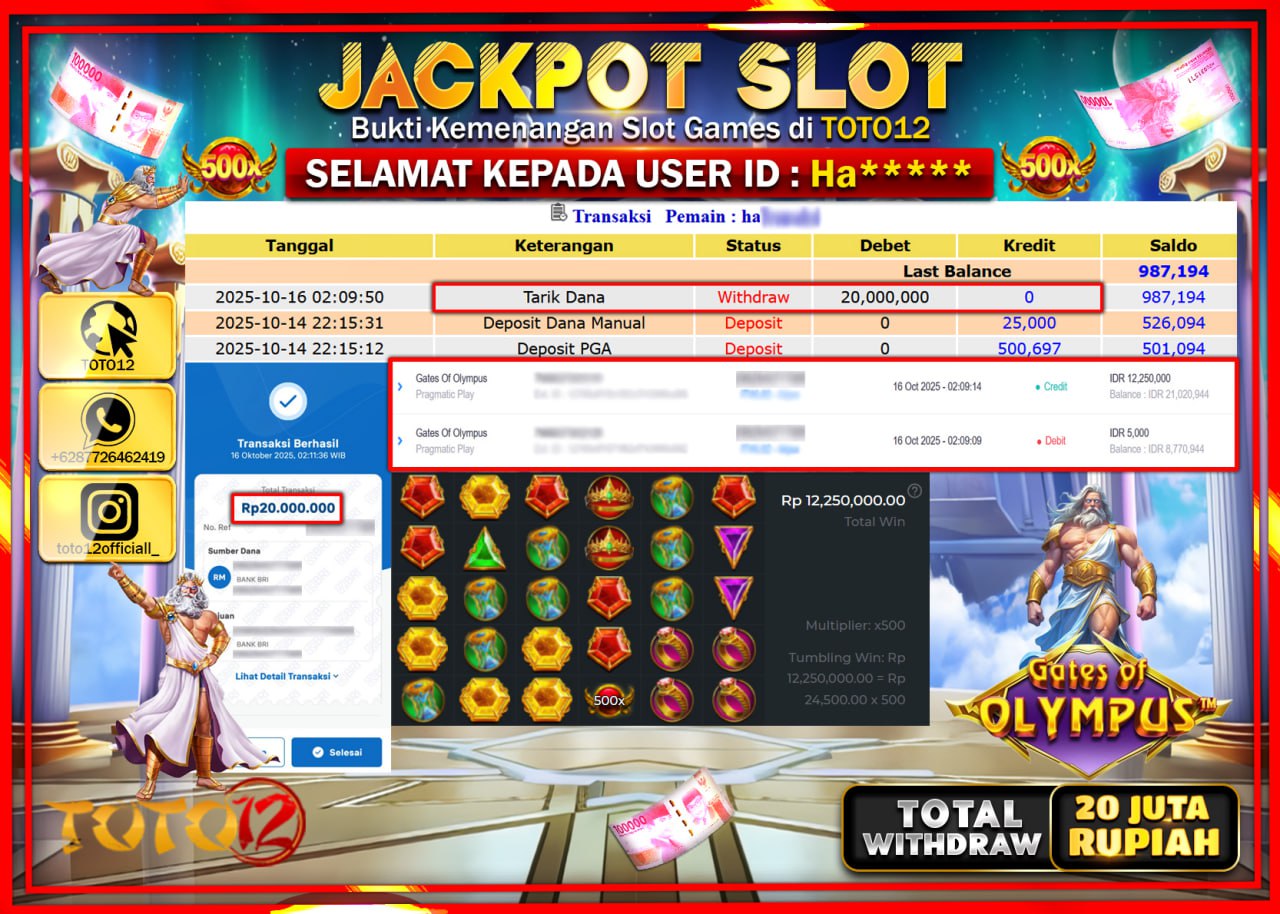HANYA DI TOTO12 JP PASTI DI BAYAR LUNAS DAN CEPAT!!!!!! JACKPOT SLOT GAME (GATES OF OLYMPUS) Rp.20.000.000 !!!!