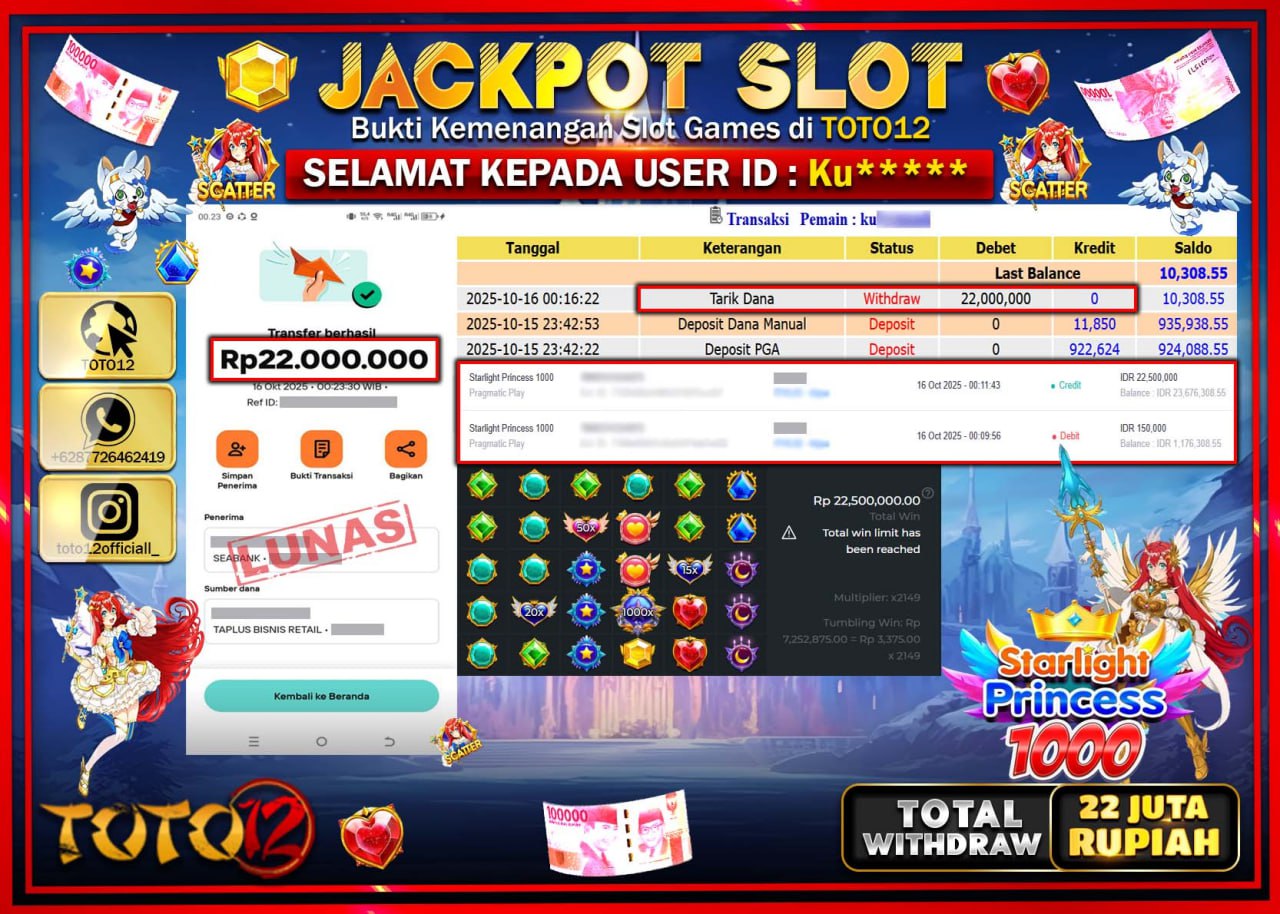 HANYA DI TOTO12 JP PASTI DI BAYAR LUNAS DAN CEPAT!!!!!! JACKPOT SLOT GAME (STARLIGHT PRINCESS 1000) Rp.22.000.000 !!!!