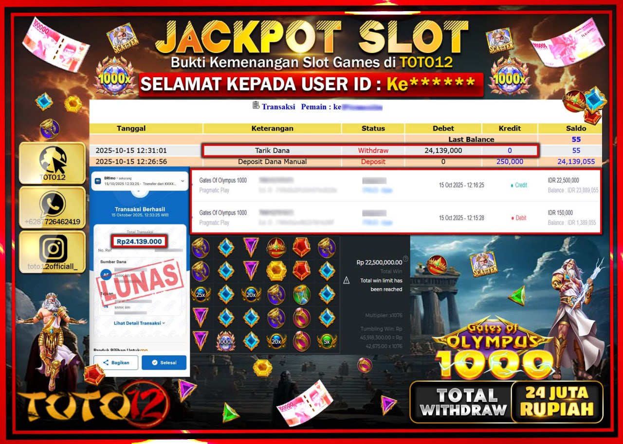 HANYA DI TOTO12 JP PASTI DI BAYAR LUNAS DAN CEPAT!!!!!! JACKPOT SLOT GAME (GATES OF OLYMPUS 1000) Rp.24.139.000 !!!!