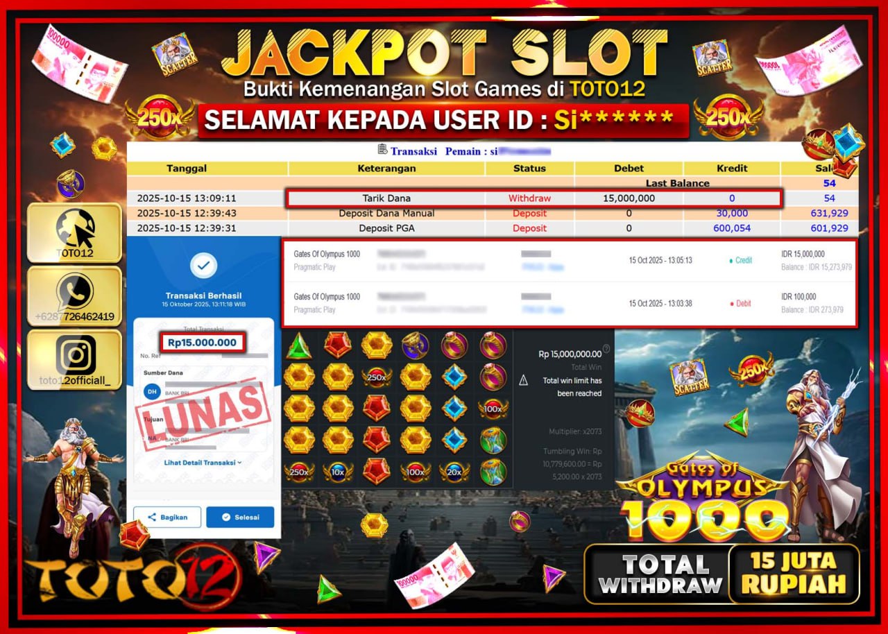 HANYA DI TOTO12 JP PASTI DI BAYAR LUNAS DAN CEPAT!!!!!! JACKPOT SLOT GAME (GATES OF OLYMPUS 1000) Rp.15.000.000 !!!!