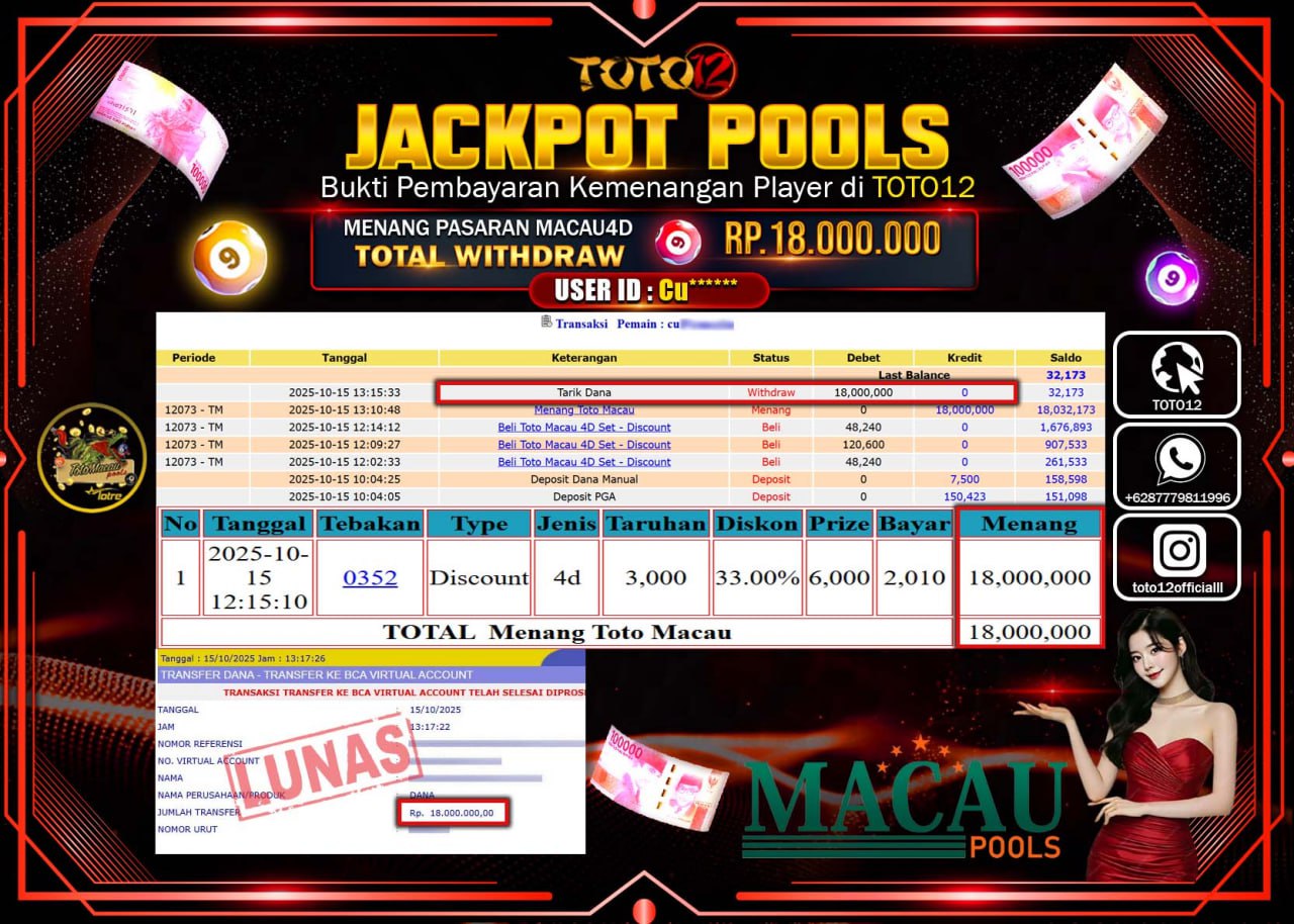HANYA DI TOTO12 JP PASTI DI BAYAR LUNAS DAN CEPAT!!!!!! JACKPOT POOLS PASARAN (MACAU 4D) Rp.18.000.000 !!!!
