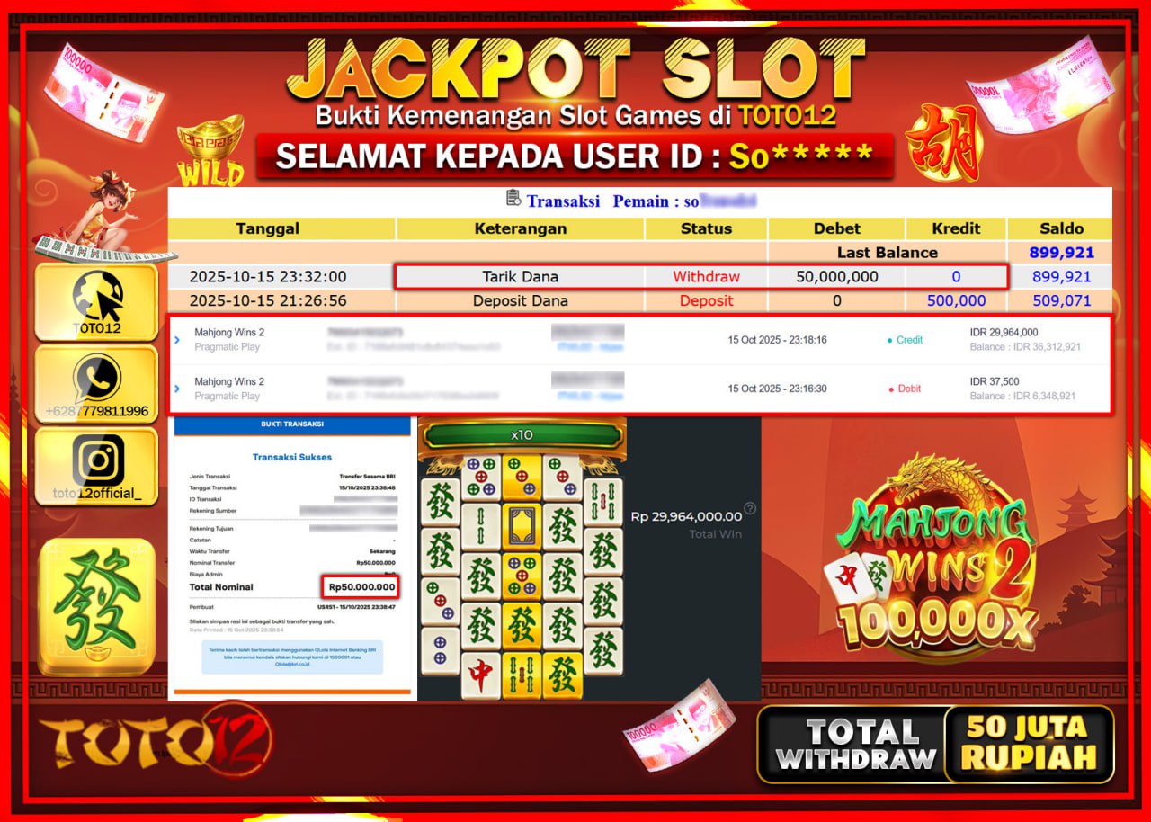 HANYA DI TOTO12 JP PASTI DI BAYAR LUNAS DAN CEPAT!!!!!! JACKPOT SLOT GAME (MAHJONG WINS 2) Rp.50.000.000 !!!!