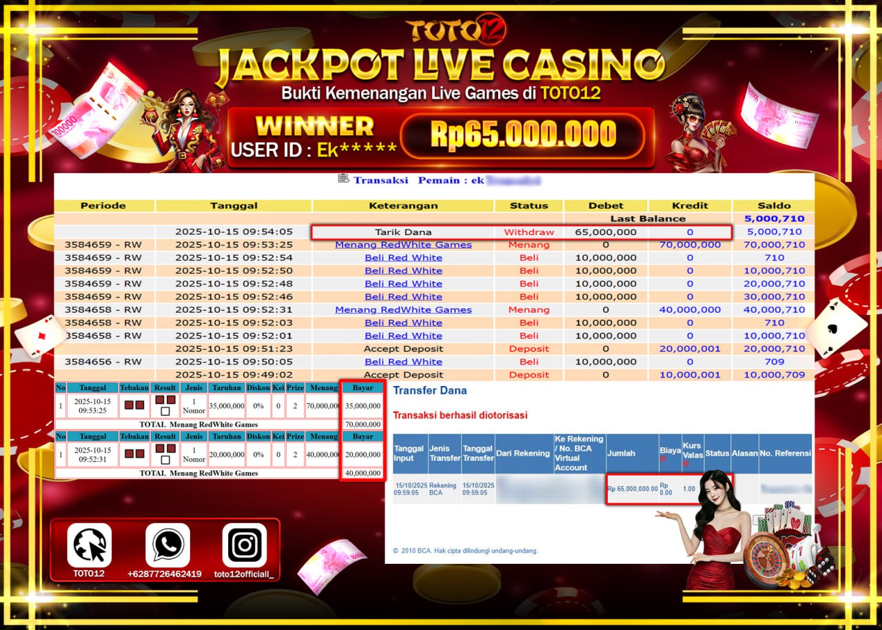 HANYA DI TOTO12 JP PASTI DI BAYAR LUNAS DAN CEPAT!!!!!! JACKPOT LIVE CASINO (REDWHITE GAMES) Rp.65.000.000 !!!!